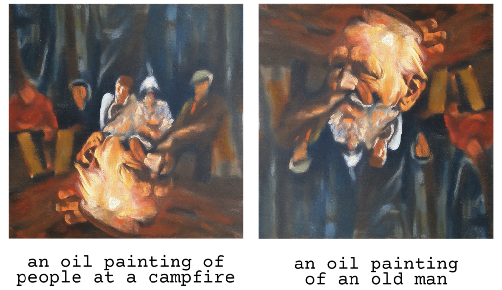 An oil painting of people sitting around a campfire in the forest next to an oil painting of an old man wearing a suit.